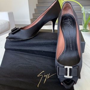 Giuseppe Zanotti Design Black Satin Open Toe Pumps